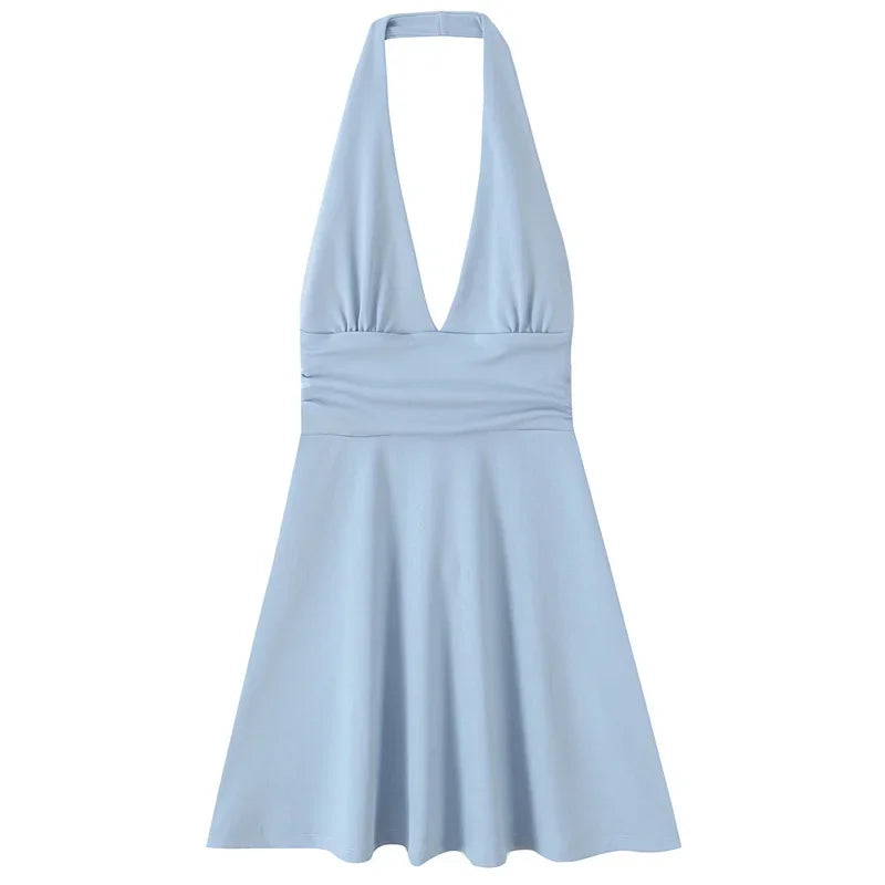 Light blue halter mini dress for women, featuring a flattering V-neck and flowy skirt, perfect for summer outings.