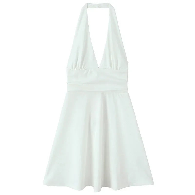 White halter mini dress for women, backless design perfect for summer parties or beach outings.