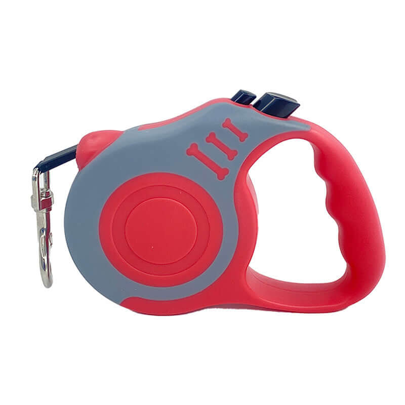 Red and gray pet automatic telescopic traction rope with one-handed braking system and metal clip for dogs.