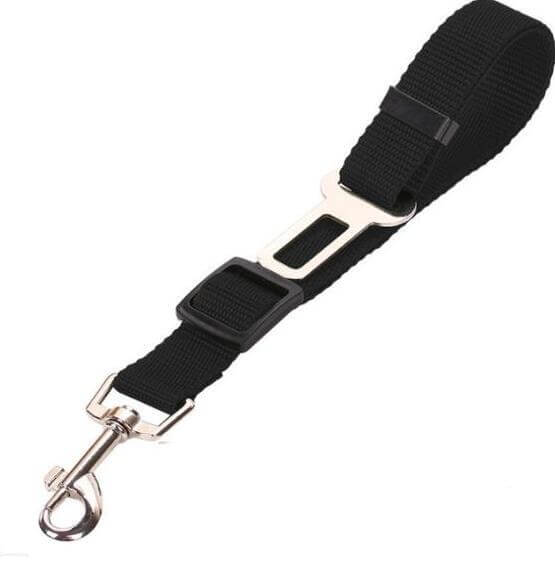 Black pet car seat belt leash with durable clip and adjustable strap for dog safety during car rides.
