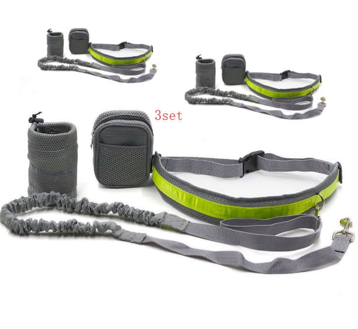 Adjustable hands-free dog leash set in gray and green with waist bag and accessories, perfect for running with dogs.