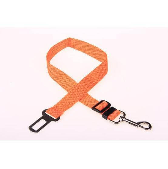 Orange pet car seat belt leash made of breathable mesh material for pet safety and comfort during travel.