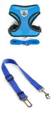 Breathable blue pet car seat belt and leash set for safe and comfortable pet travel.