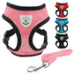 Breathable mesh pet harness in pink, with black, blue, and red options and matching leash for comfortable dog walks.
