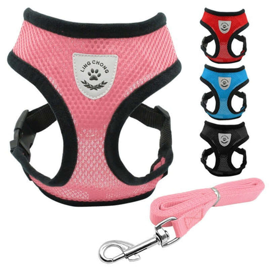 Breathable mesh pet harness in pink, with black, blue, and red options and matching leash for comfortable dog walks.