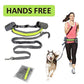 Adjustable hands-free dog leash set with bungee cord, belt, and waist bag for active dog owners.