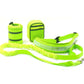 Adjustable hands-free dog leash set in bright green, featuring traction rope, waist belt, and storage bags.