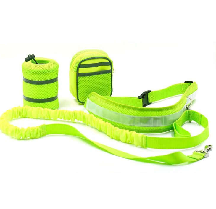 Adjustable hands-free dog leash set in bright green, featuring traction rope, waist belt, and storage bags.