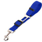 Blue pet car seat belt leash with buckle, designed for safety and comfort during dog walks.