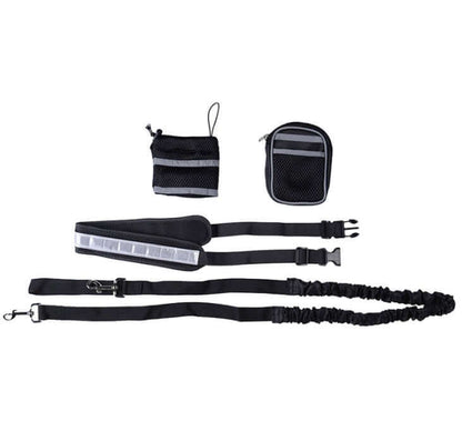 Adjustable hands-free dog leash set in black, includes leash, waist belt, and accessory bags for convenience.