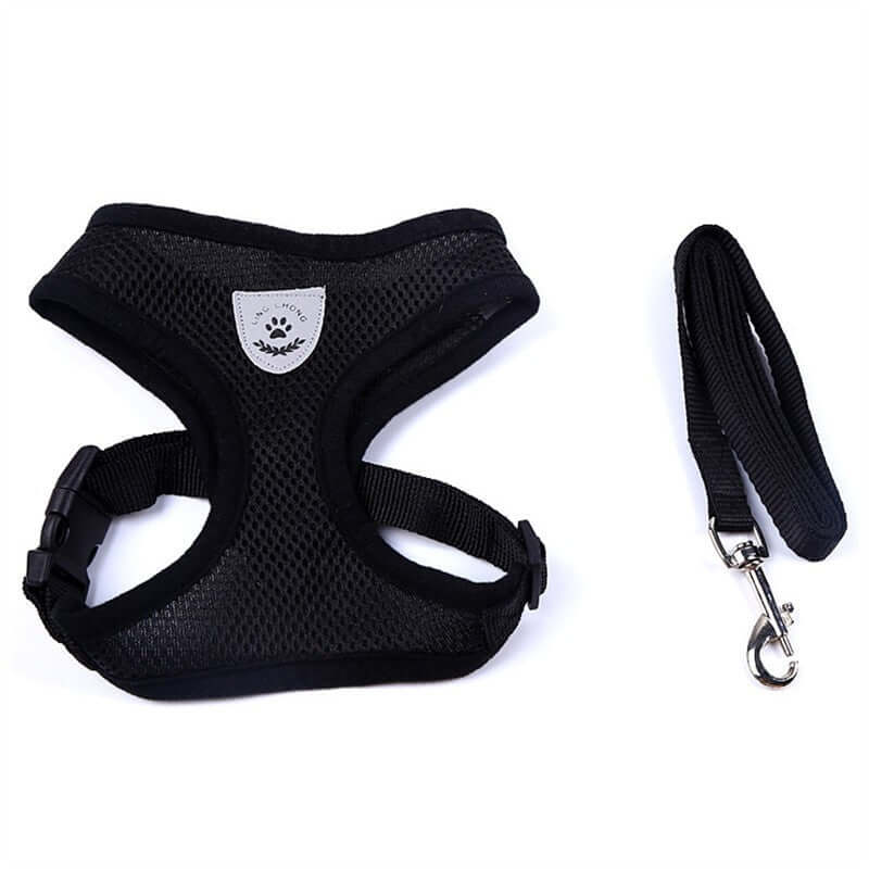 Black mesh pet car seat belt and leash set designed for pet comfort and safety during walks.