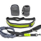 Adjustable hands-free dog leash set in gray with reflective details, includes waist belt, leash, and storage pouches.