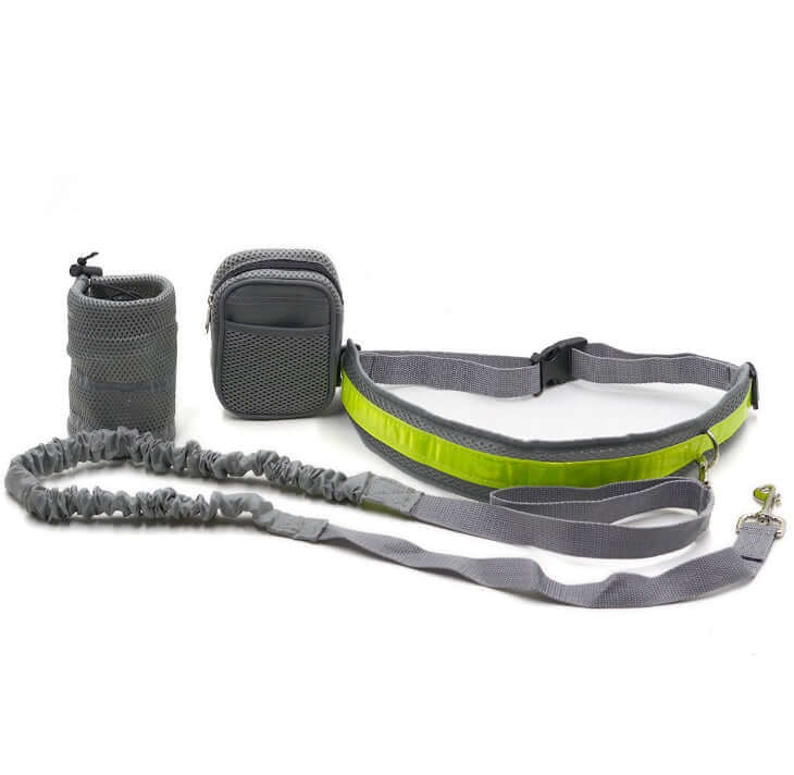 Adjustable hands-free dog leash set in gray with green accents, featuring leash, belt, and bags for convenience during walks.
