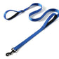 Blue double handle pull leash made of reflective nylon with a metal buckle for pets.