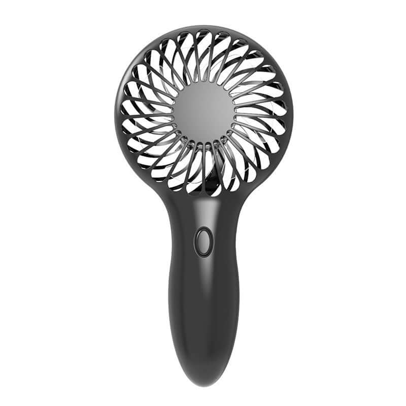 Black handheld mini pocket fan cooler for portable summer cooling, made from ABS material.