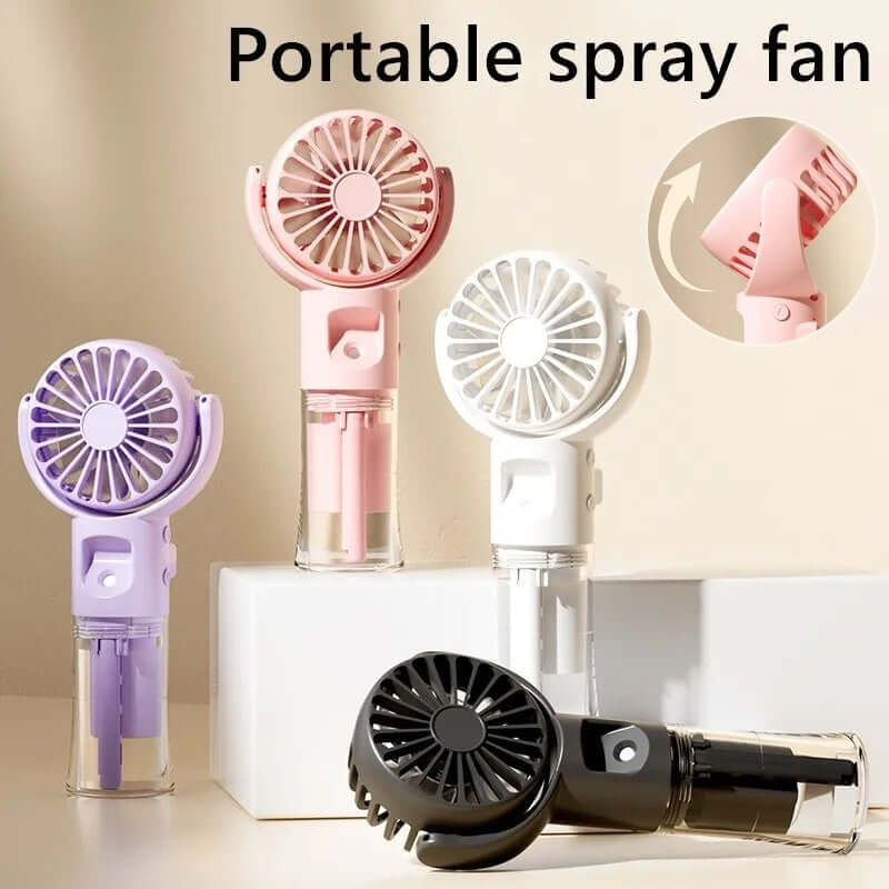 Portable handheld spray fans in pink, white, purple, and black colors with water mist and USB charging for summer cooling.