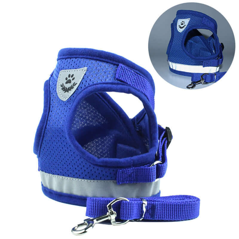 Breathable pet car seat belt and leash combo in blue, designed for comfort and safety during walks.