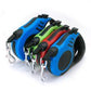 Pet automatic telescopic traction ropes in blue, green, and red with one-handed braking system.
