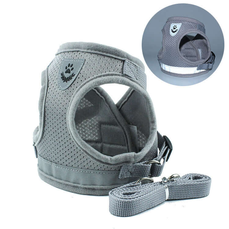 Gray pet car seat belt leash harness, breathable mesh for comfort, perfect for walks in all weather.