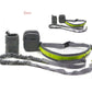 Adjustable hands-free dog leash set in gray and green with storage bags and stretchable rope for walking or running.