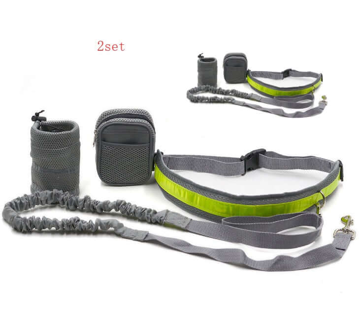 Adjustable hands-free dog leash set in gray and green with storage bags and stretchable rope for walking or running.