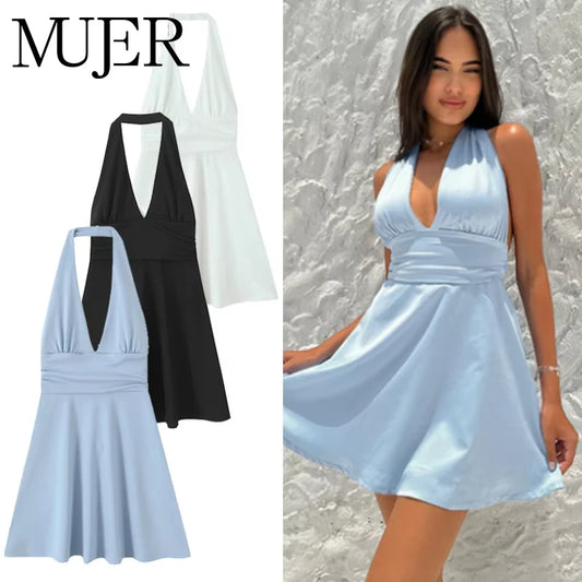MUJER halter short dresses for women in white, black, and light blue, perfect for summer parties and beach outings.