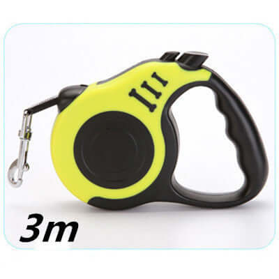 Pet automatic telescopic traction rope in yellow and black, 3m length, designed for one-handed control and easy braking.