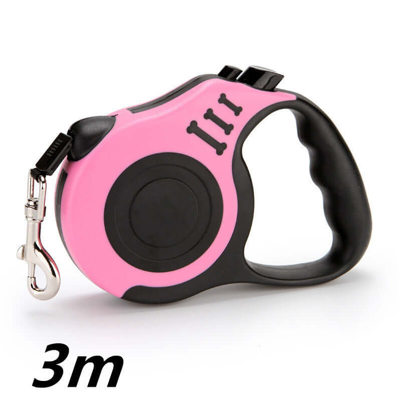 3m retractable pet leash with ergonomic pink handle, ideal for small dogs, one-handed brake and lock feature.